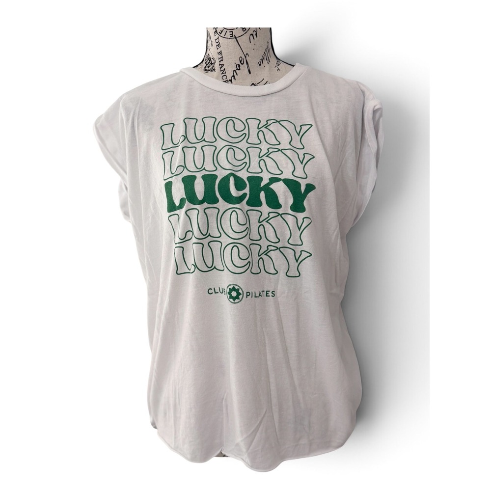 Club Pilates Lucky Graphic Muscle Tank Top White Green Retro St Patricks Day